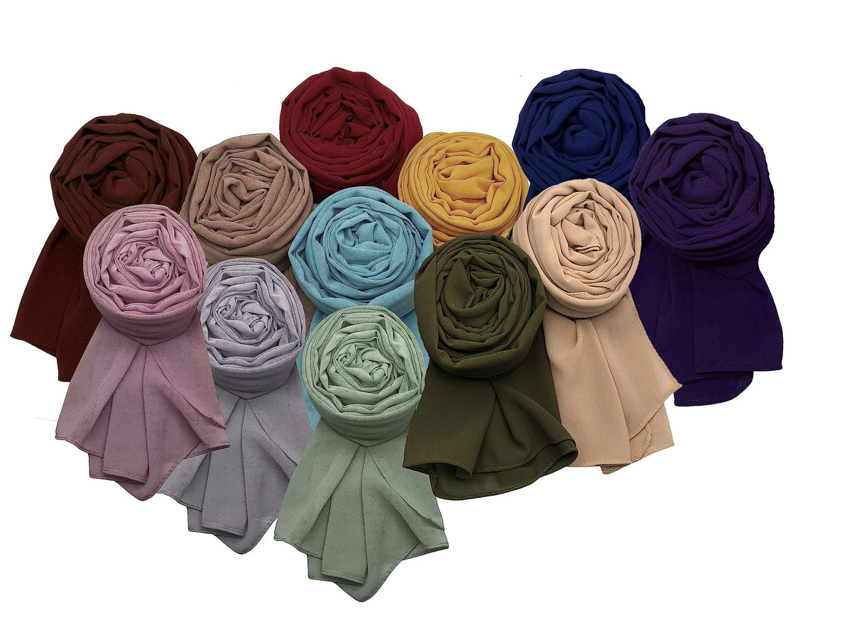 ICW Women Soft Chiffon Georgette Scarves Shawl Stoles Long Scarf Wrap Head Scarves (Pack Of 12), Female, Multicolour