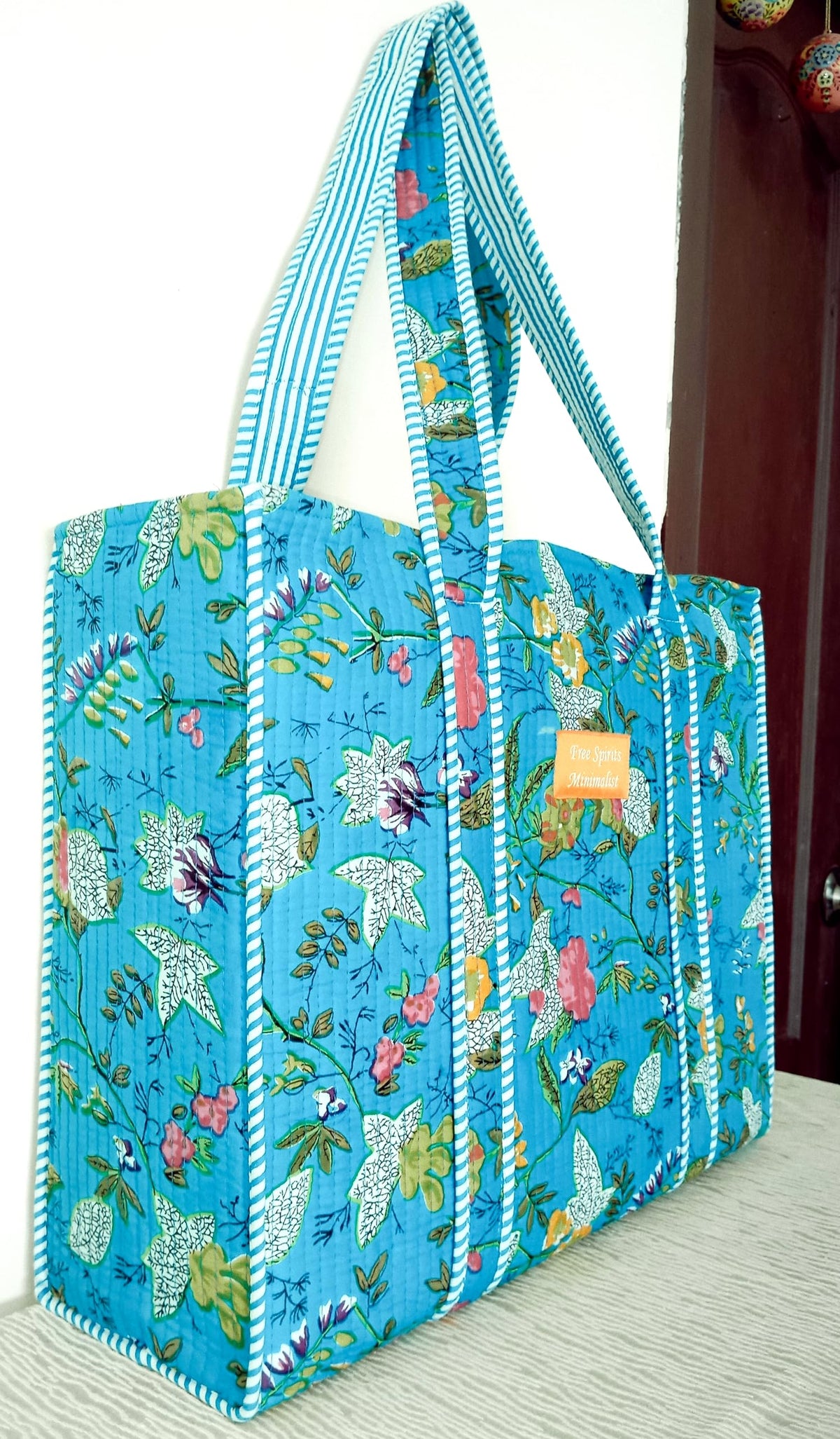 Cotton Tote bag for Women | Shoulder Bag | Durable Shopping bag | Reusable Grocery Bags | Eco friendly Bags| Handmade Cotton Bag | Stylish Quilted handBag |Vegan Tote Bag (TURQOISE Blue MULTI)