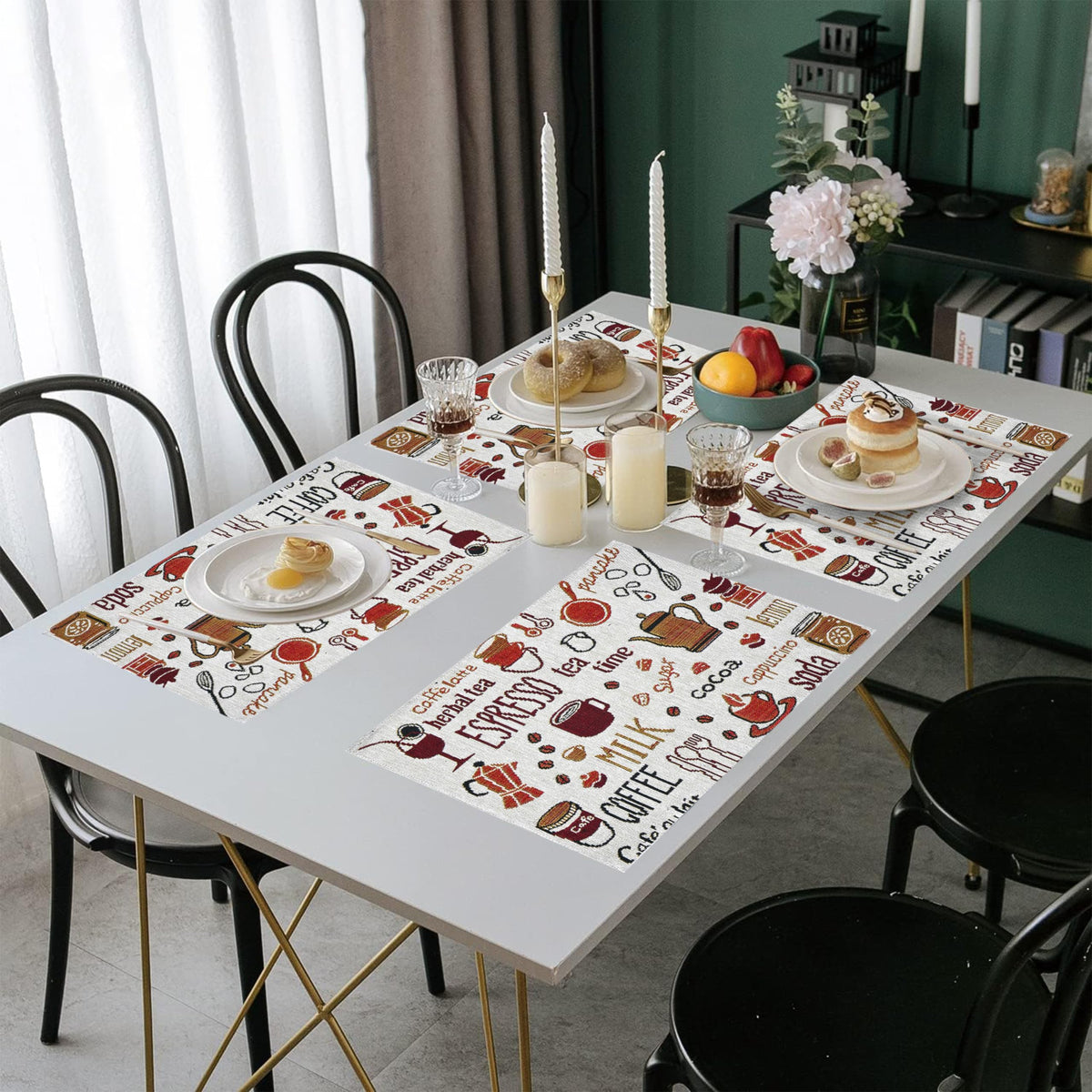PRAKARTIK BY INDUARTS Espresso Coffee Tea Time Eco-Friendly Cotton Dining Rectangular Table mats - Reusable, Machine Washable, Everyday Use White & Brown Placemats, Set of 4 (33x47 cm) Kafalo