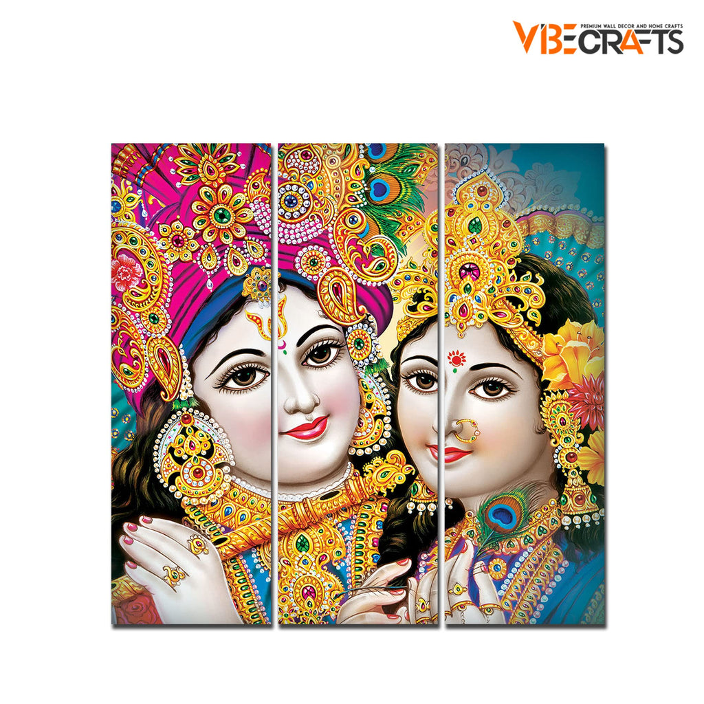 VIBECRAFTS 3 Pieces Beautiful Radha Krishna Canvas Wall Painting Fitted With Wooden Frame For Home | Office | Living Room | Gifts (PTVC3Pcs1_9540)