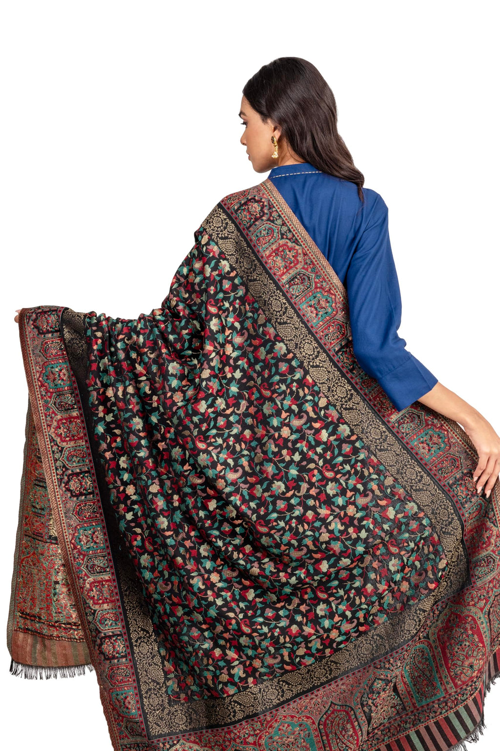 Naureen Women Faux Pashmina Kani Shawl with Mughal Artwork and Zari Accents, Warm and Soft, 40x80 inch