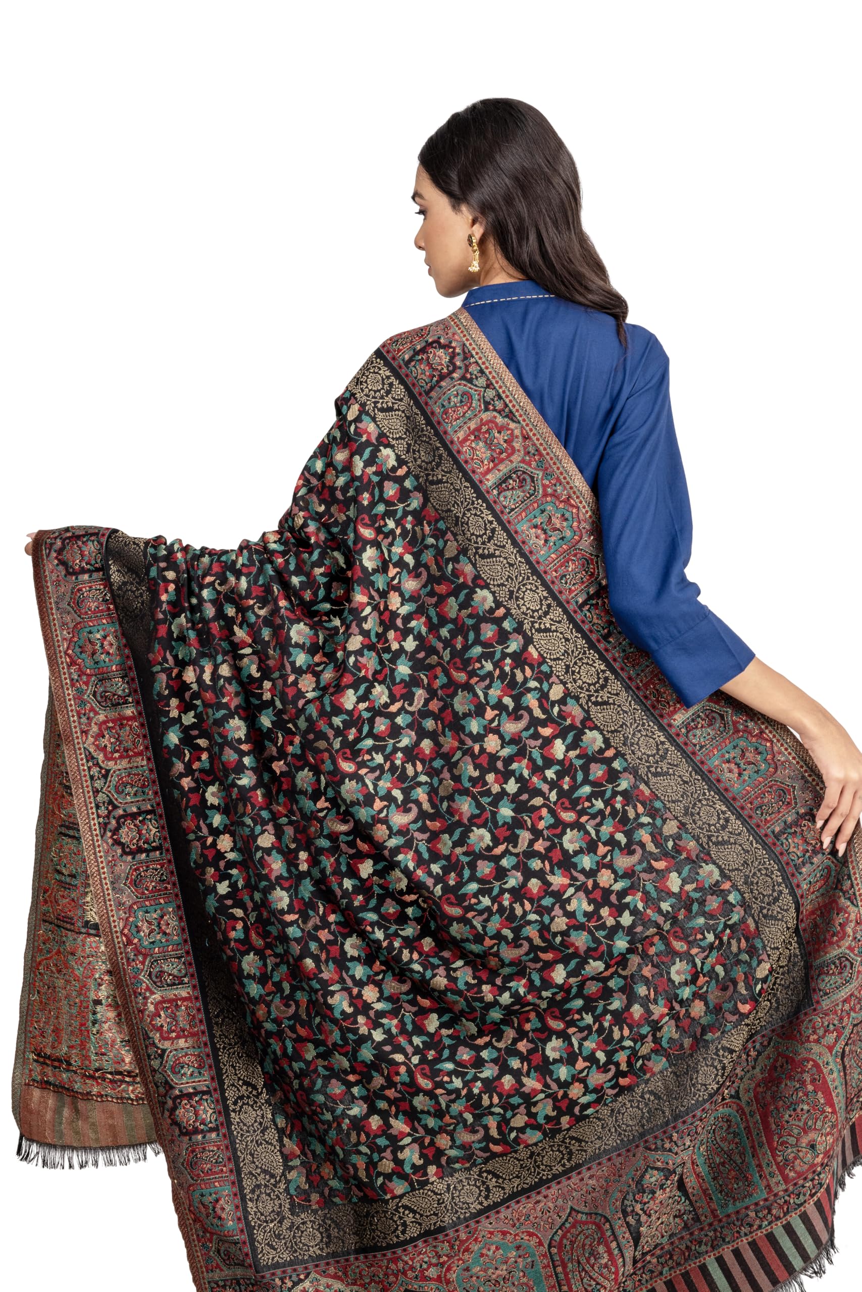 Naureen Women Faux Pashmina Kani Shawl with Mughal Artwork and Zari Accents, Warm and Soft, 40x80 inch
