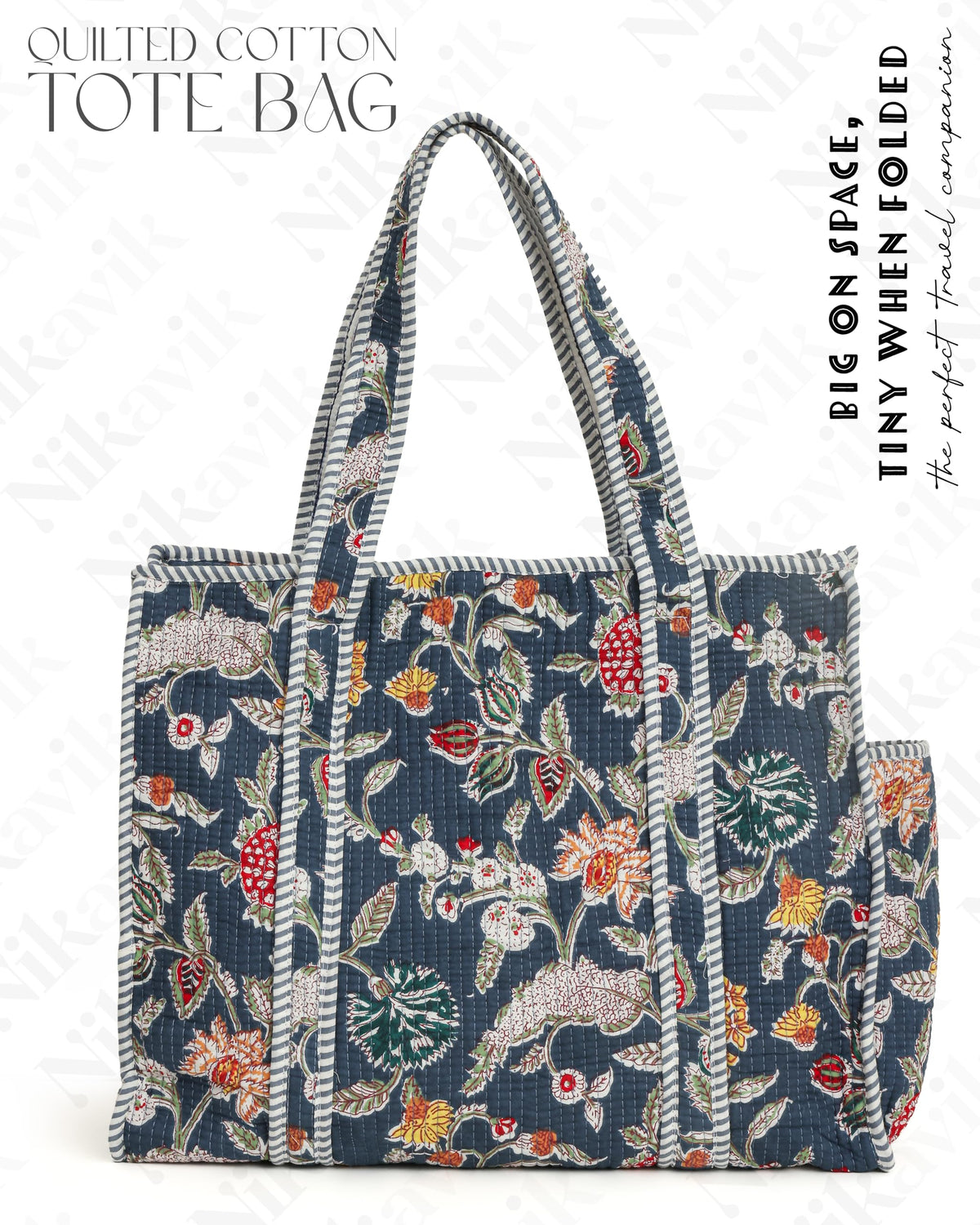 NIKAVIK Quilted Cotton Tote bag – Exotic Animal Print Foldable and Ideal for Travel Shopping Beach Trips or Daily Essentials (Blue Multi)