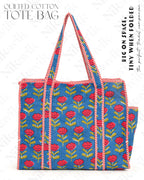 Nikavik Cotton Printed Tote Bag,Hand Bag Multicolor Quilted Hand Block Floral Printed Women's Carry Bag Shoulder Shopping Tote Bags (Bright Blue)