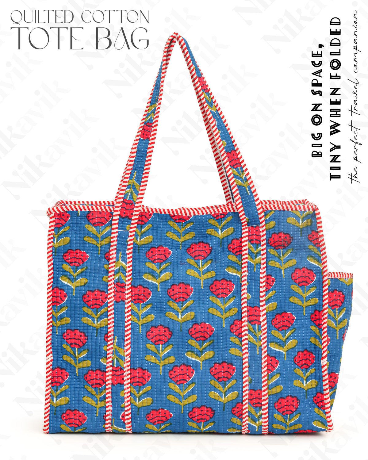 Nikavik Cotton Printed Tote Bag,Hand Bag Multicolor Quilted Hand Block Floral Printed Women's Carry Bag Shoulder Shopping Tote Bags (Bright Blue)