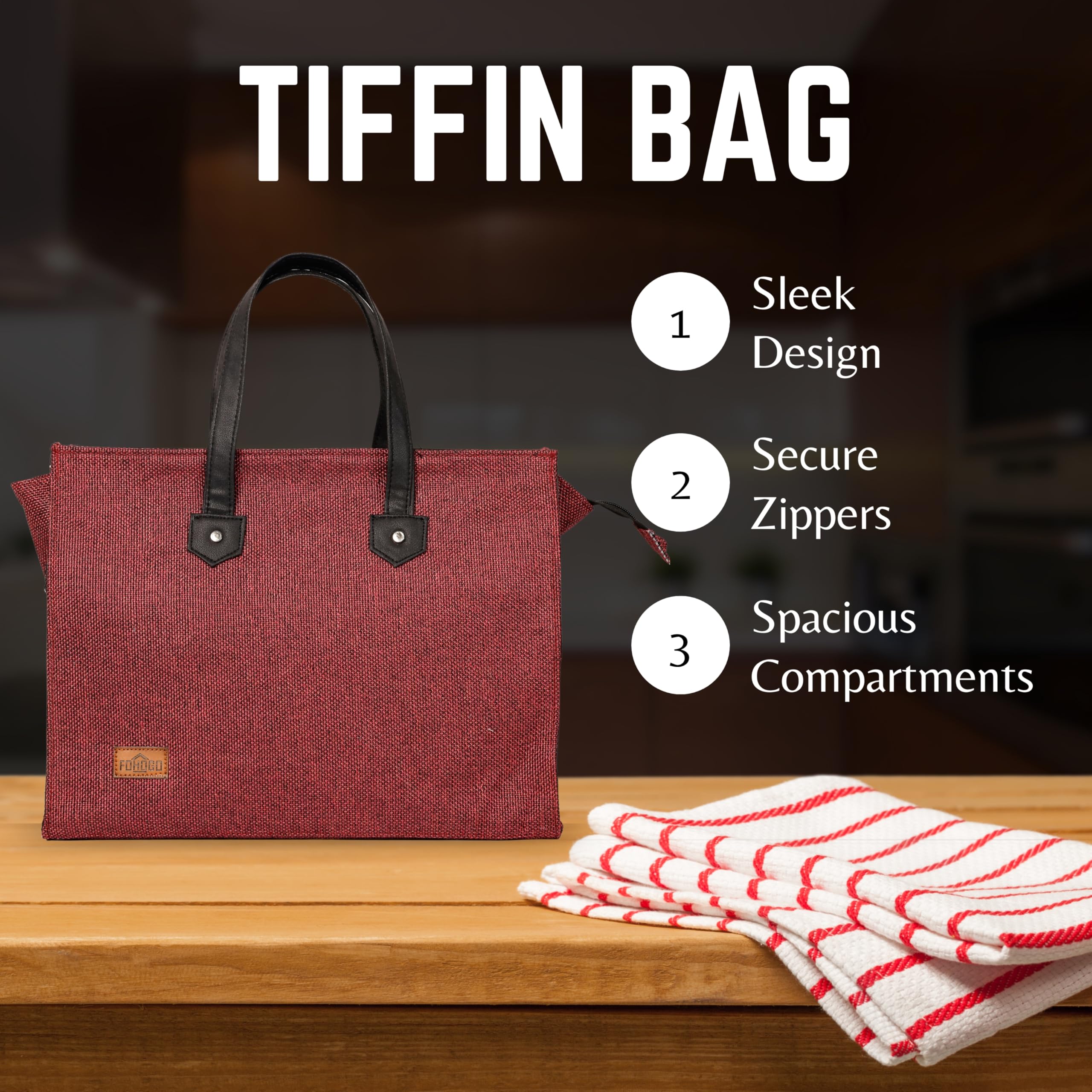 FOHOGO Jute Bag for Unisex | Lunch Bag/Tiffin Bag/Carry Bag/Jute Bag | Tote Bag for office (Maroon, Medium (14”x11”x5”))