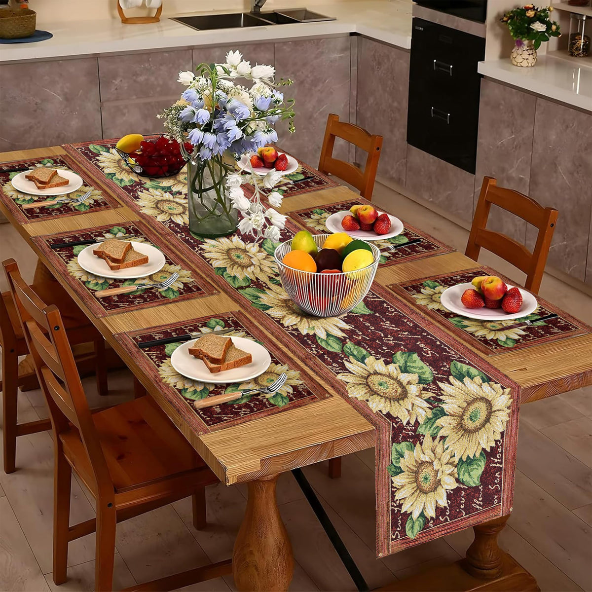 PRAKARTIK BY INDUARTS Sunflower Bloom Design Eco-Friendly Cotton Dining Rectangular Table Mat with Runner - Reusable, Machine Washable, Everyday Use Yellow & Brown (Set of 6+180 cm Runner) Kafalo