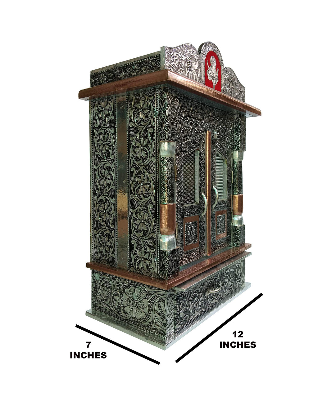 Brilliant Home Designs Wood Aluminium and Copper Oxidized Home Temple (L-12, B-7 inches)