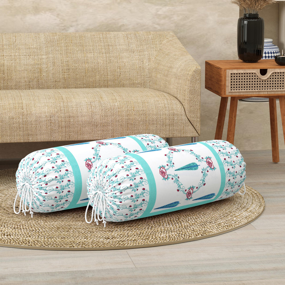 BLOCKS OF INDIA Cotton Hand Block Printed Bolster Cover | Booster Cover with Drawstring | Round Long Pillow Cover for Bed | Dewan Pillow Cover Set 16 X 32 | Set of 2 (Turq Patti)