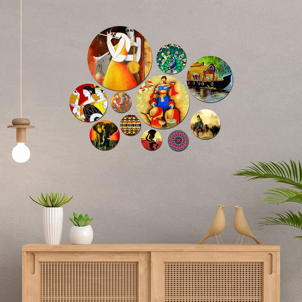 Artvibes Traditional Indian Ethnic Folk Art Round Shape MDF Wooden Wall Decor Items | Room Wall Art | Modern Decor Artwork | Living Room | Cafe | Wall Art Print | Unique Gift (WPS_121N), Set of 11