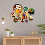 Artvibes Traditional Indian Ethnic Folk Art Round Shape MDF Wooden Wall Decor Items | Room Wall Art | Modern Decor Artwork | Living Room | Cafe | Wall Art Print | Unique Gift (WPS_121N), Set of 11