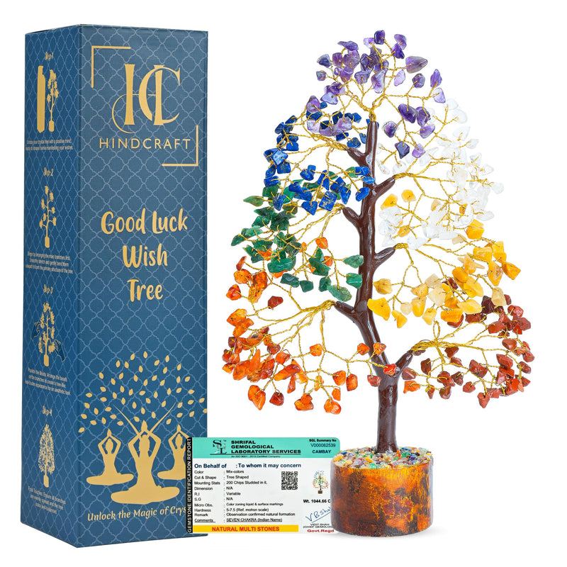 HindCraft Natural Healing Seven Chakra Gemstone Crystal Tree for Home Decor Bonsai Showpiece Decorative Items for Good Luck, Decoration Gift Item, Multicolor Golden Wire, 8-10 Inches 200 Beads