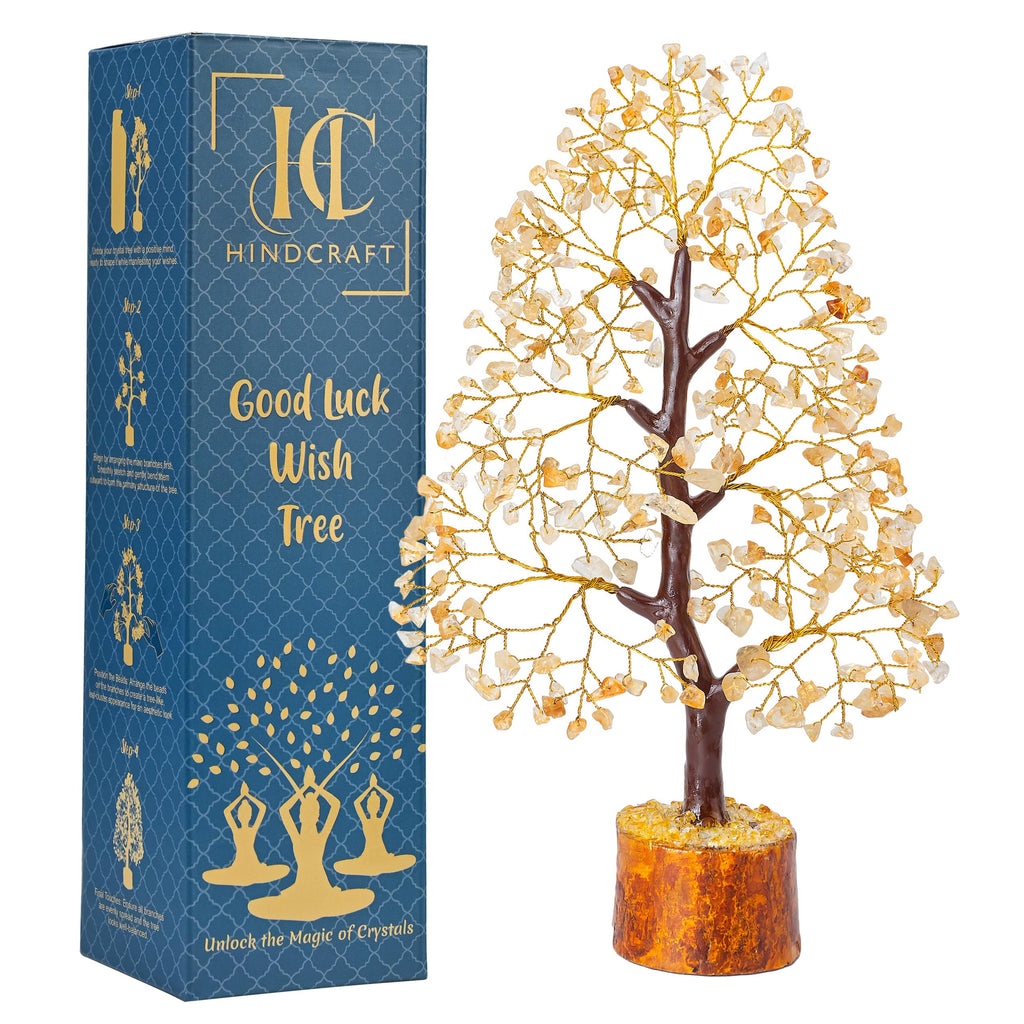 HindCraft Citrine Gemstone Crystal Tree Good Luck Showpiece for Home Decor Items Crystals Gemstones Bonsai Money Tree for Good Luck, Decoration Gift Item, Golden Wire, 10-12 inch