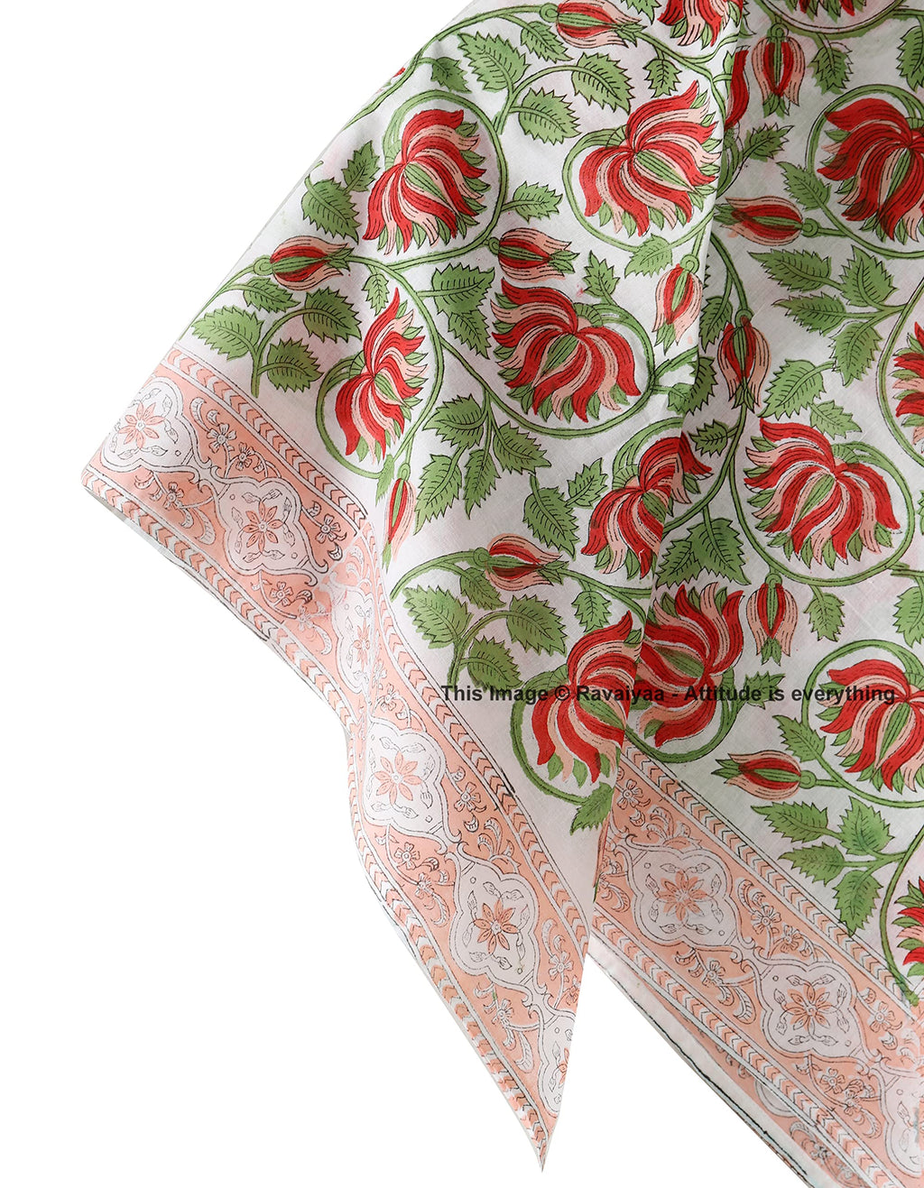 Ravaiyaa - Attitude is everything Sanganer Hand Block Printed Scarves Pure Cotton Scarf Square Hijab Dupatta 40 X 40 Inch (Red Green Lotus Floral) For Female