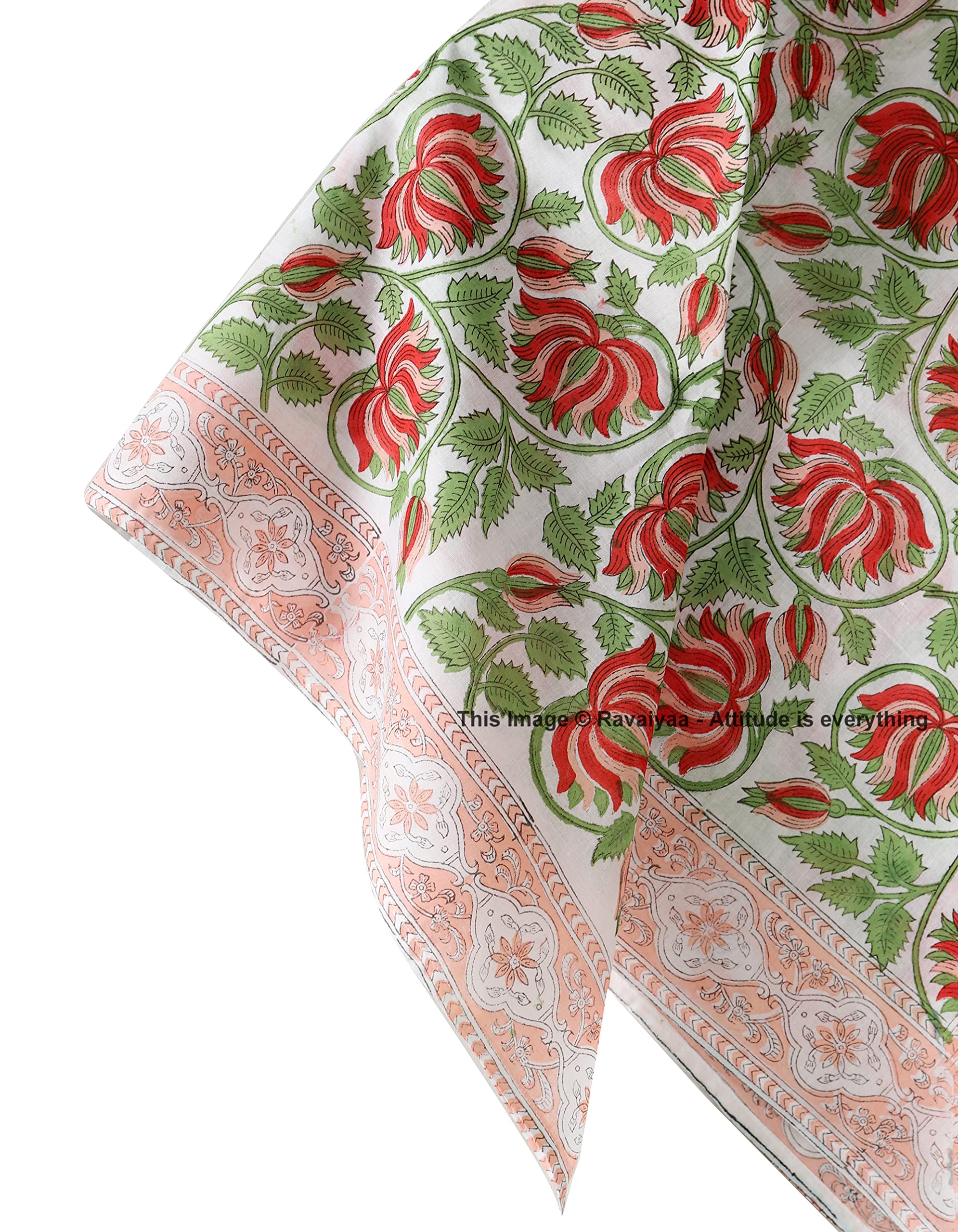Ravaiyaa - Attitude is everything Sanganer Hand Block Printed Scarves Pure Cotton Scarf Square Hijab Dupatta 40 X 40 Inch (Red Green Lotus Floral) For Female