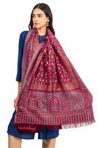 Naureen Women Faux Pashmina Kani Stole with Mughal Artwork and Zari Accents, Warm and Soft, 28x80 inch