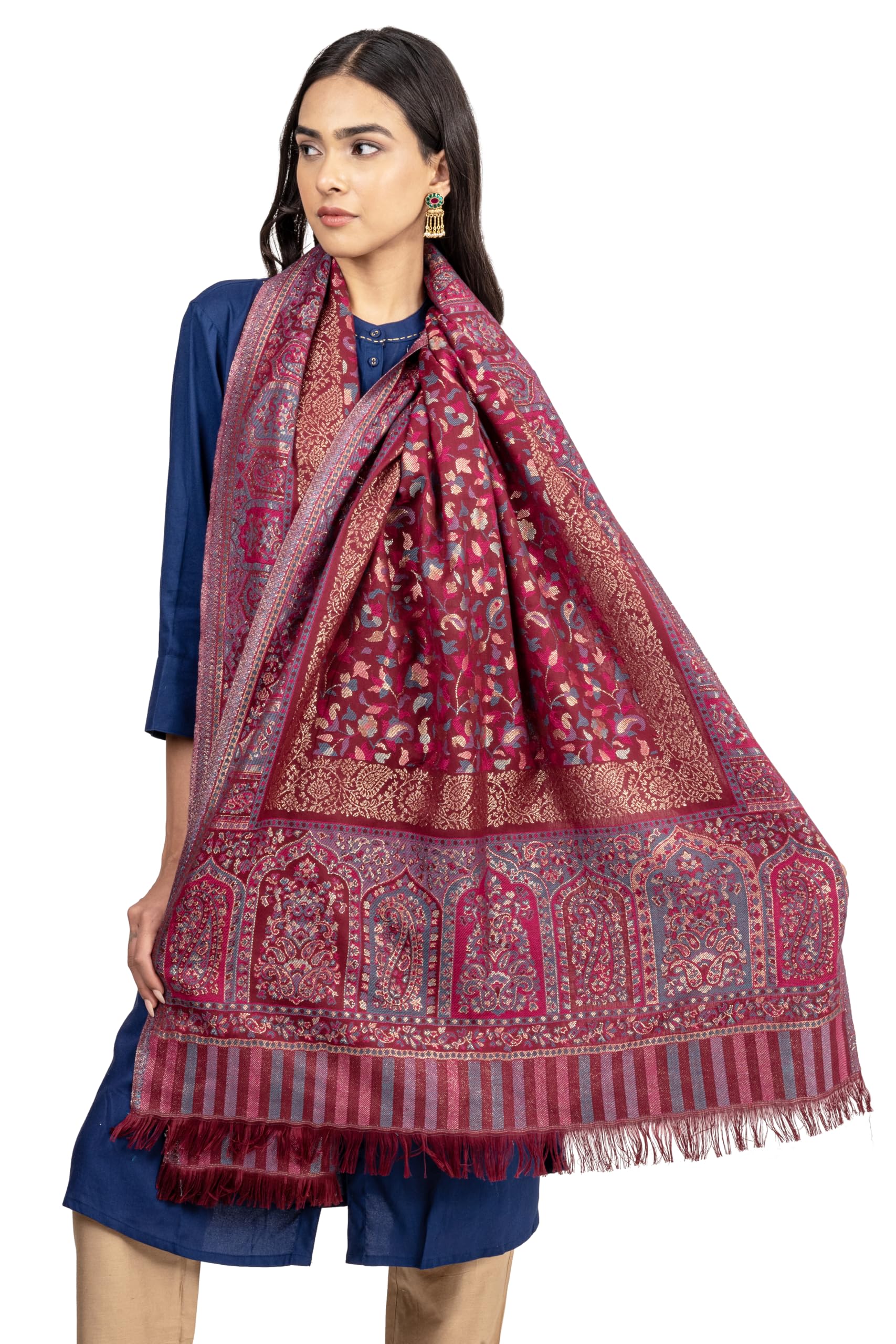 Naureen Women Faux Pashmina Kani Stole with Mughal Artwork and Zari Accents, Warm and Soft, 28x80 inch