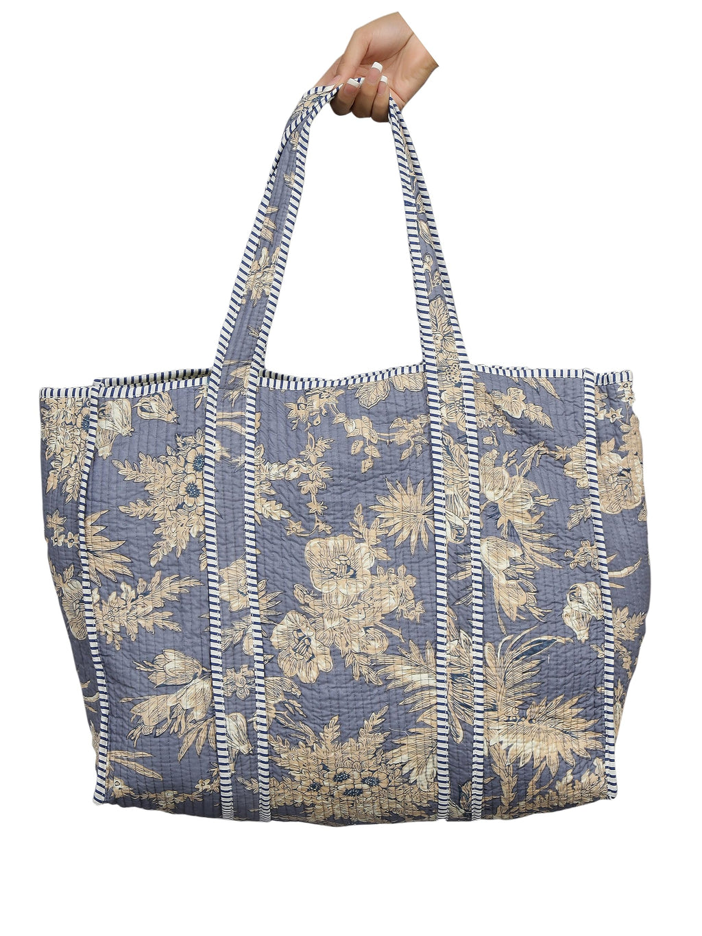 Ravaiyaa - Attitude is everything Women & Man Beautiful Printed Cotton Grocery Shopping Bag | Shoulder Bag | Cotton Tote Bag | Travel Tote Bags 18x5.5x16 Inch (Blue Beige Floral)