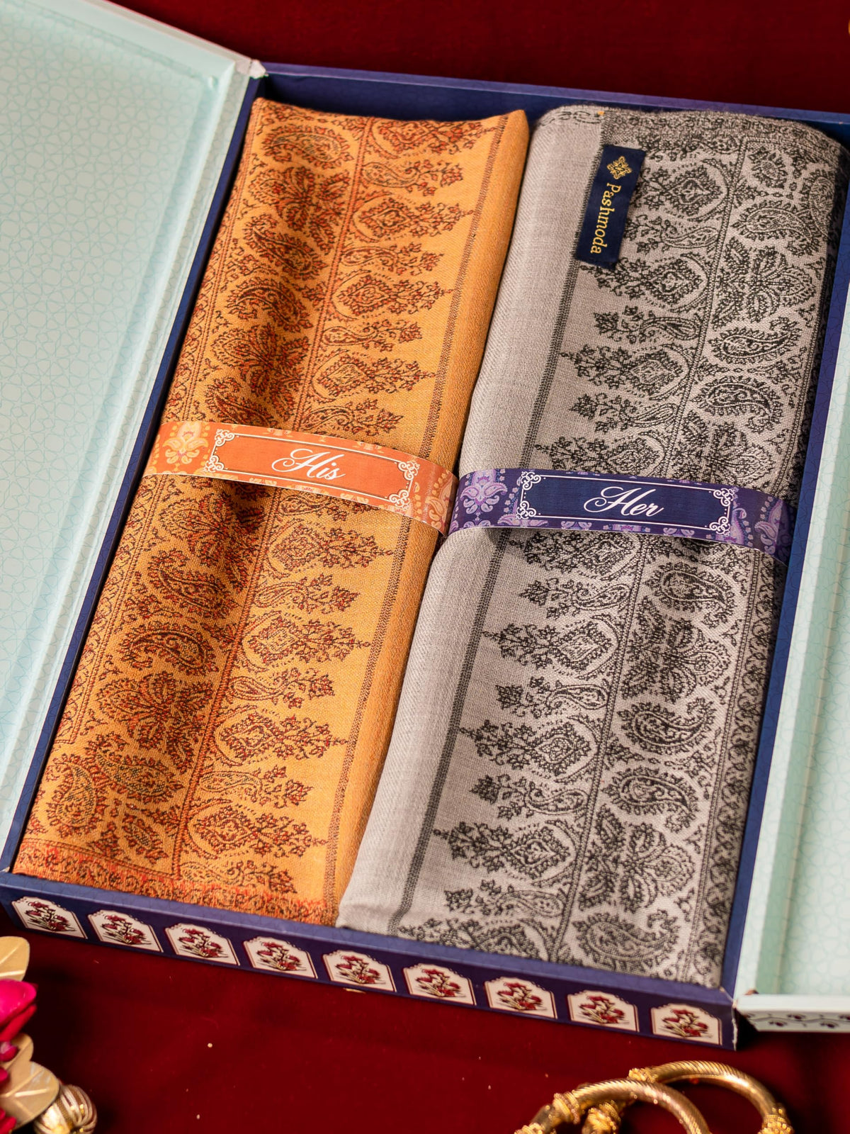 Pashmoda His and Her Gift Set of Kaani Shawls With Wooden Gift Box