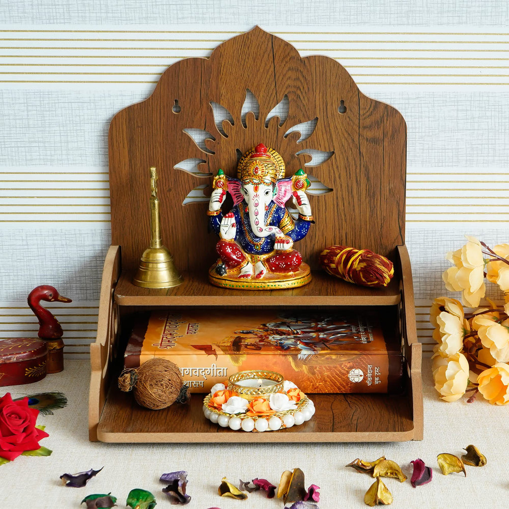 eCraftIndia Flower and Swastik Design Wooden Temple for Home with 3 Shelf | Pooja Mandir for God Idols, Sacred Spaces, and Daily Prayers | Home Temple | Diwali Decoration Items for Home Decor