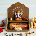 eCraftIndia Flower and Swastik Design Wooden Temple for Home with 3 Shelf | Pooja Mandir for God Idols, Sacred Spaces, and Daily Prayers | Home Temple | Diwali Decoration Items for Home Decor