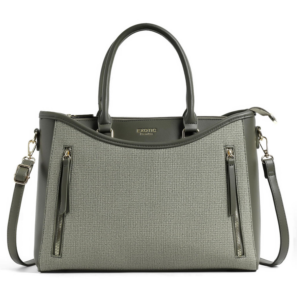 EXOTIC Alvara Tote Bag for Women | Multi-Compartment Handbag with Laptop Space, Front Zip Pockets & Luggage Sleeve | Premium PU Leatherette Work & Travel Tote (Green)
