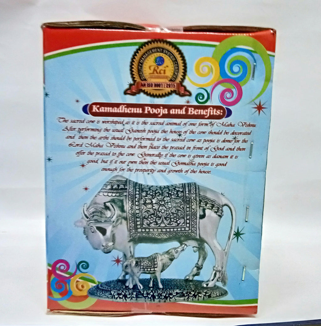 RCI Handicrafts Aluminum Metal Kamdhenu Cow And Calf with Krishna Spiritual Showpiece ( Silver, 20 x 14 x 18 cm)