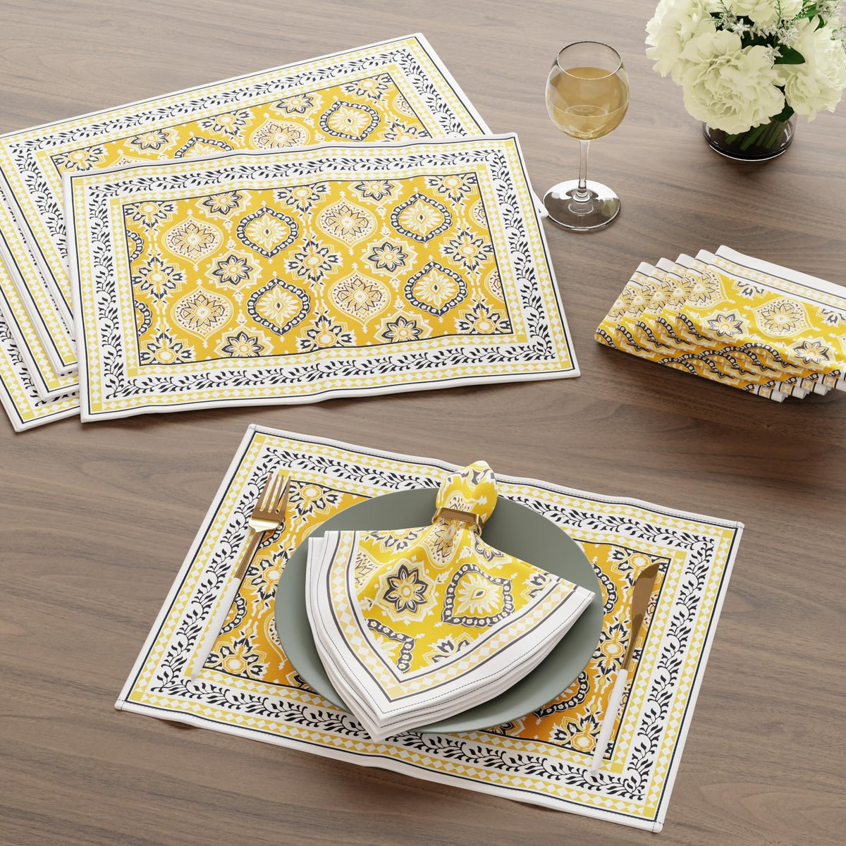 Encasa XO Dining Table Mats, Cotton Placemats, Cloth Napkins Set Yellow-03 Kafalo