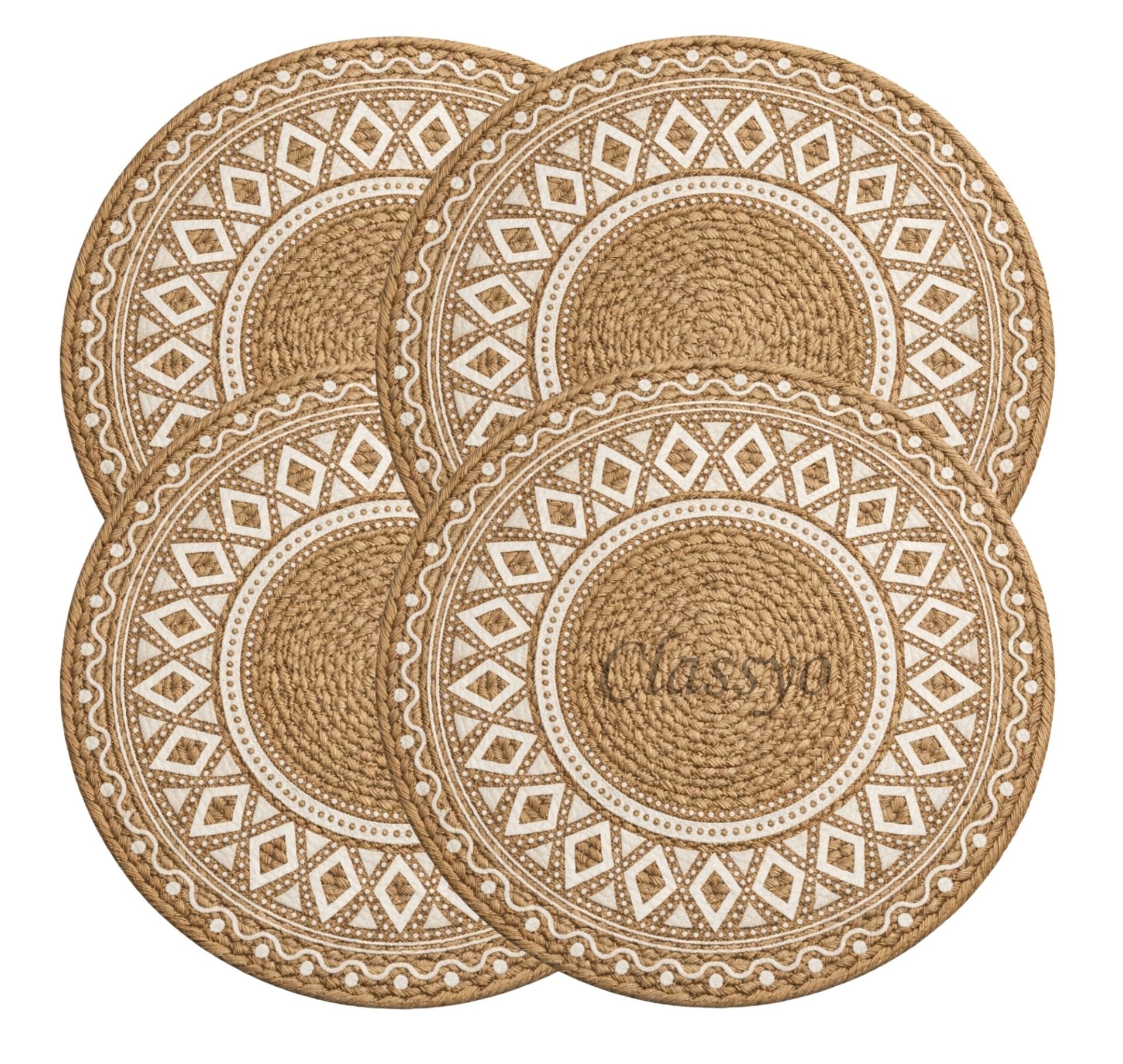 Classyo Cotton Coasters for Dining Table, 10 inch (Brown Design, Pack of 4) | Round Placemats for Hot Pots, Plates and Pans | Dining Table Placemats | Dining Table Mat | Washable Round Table Mats Kafalo