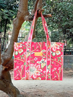 Cotton Tote bag for Women | Shoulder Bag | Reversible Bag | Durable Shopping bag | Reusable Grocery Bags | Eco friendly Bags| Handmade Cotton Bag | Stylish Quilted handBag (Red and Yellow))
