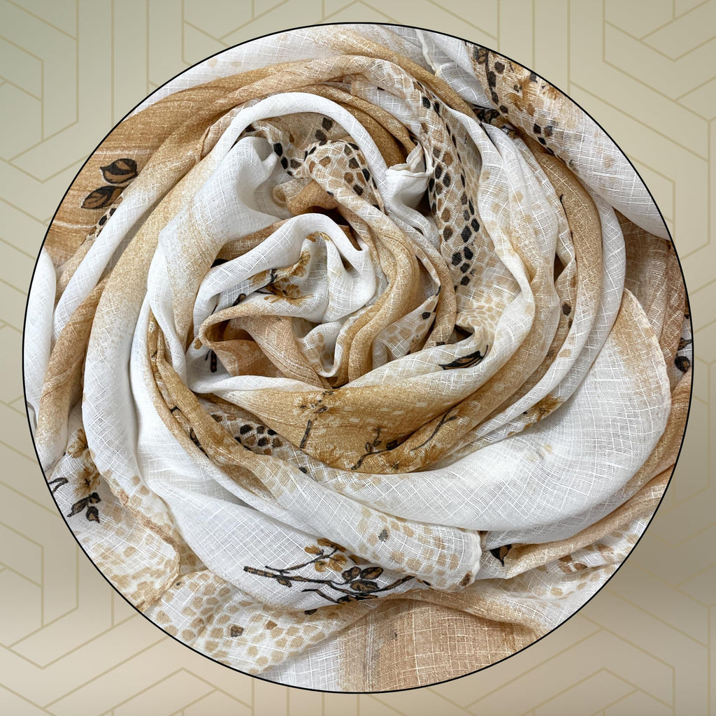 FAHABO Scarf Woman Floral Print Premium Mal Mal Textured Cotton Scarves with Tassels | Hijab Scarf | Headscarf | Neck Scarf | Stoles | Wraps | Size 71 L x 33 W (Elegance Cream, Brown)