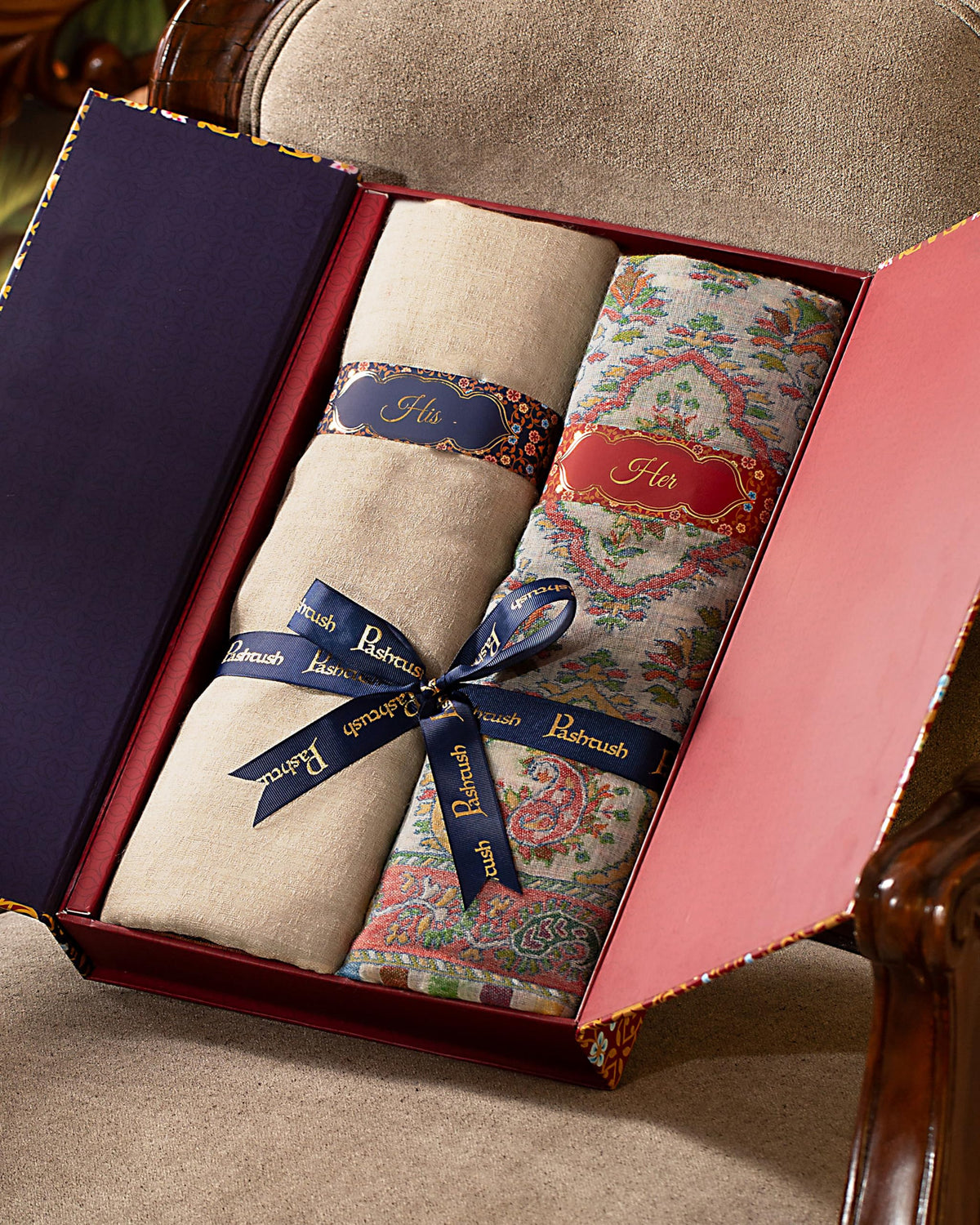 Pashtush His And Her Set Of Fine Wool Shawl and Woolmark Stole, Premium Gift Box Packaging, Beige and Multicolour