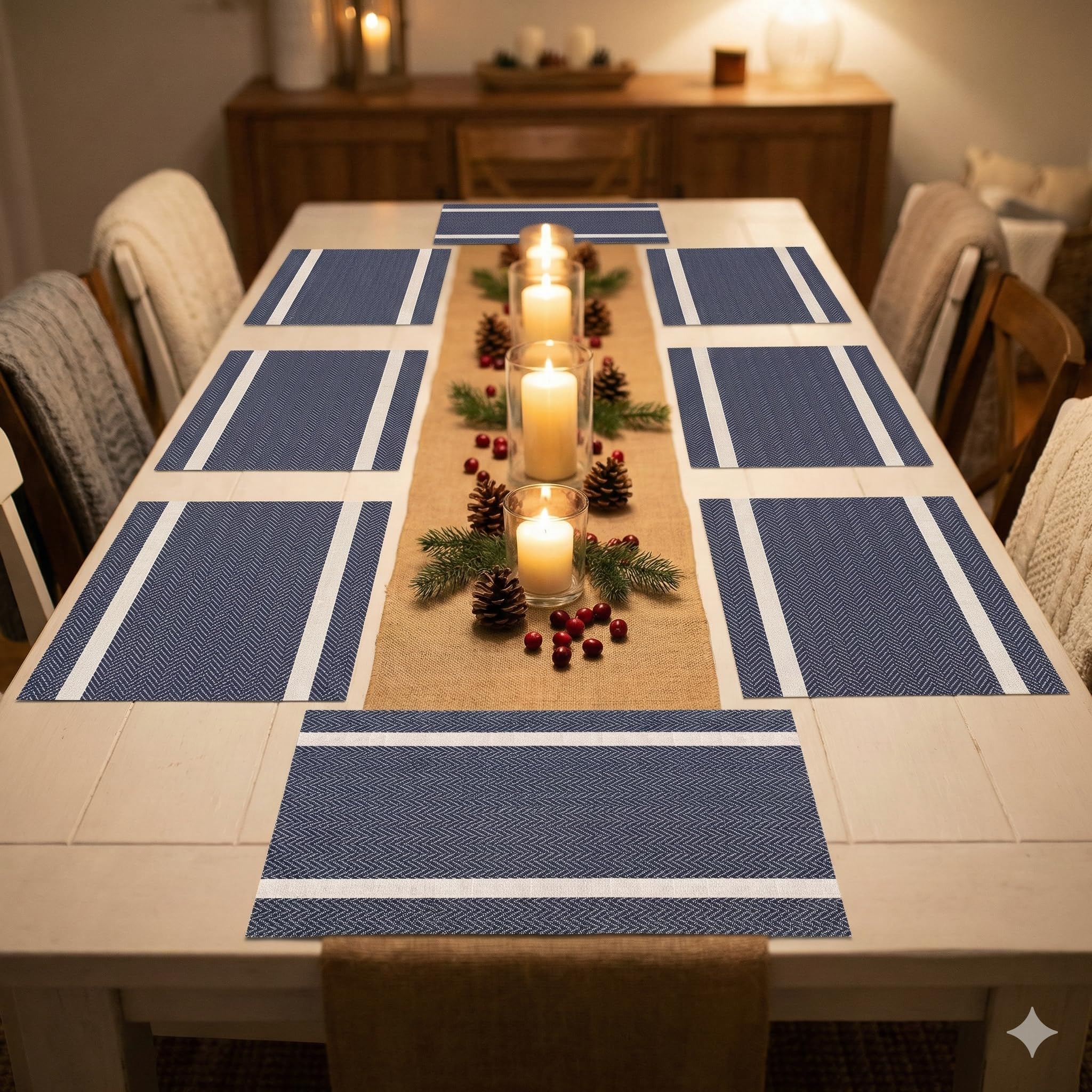 YELONA Placemats Set of 8, Heat-Resistant Woven Vinyl Table Mats, Non-Slip & Washable Dining Tablemats for Kitchen & Dinner Decor, Dark Blue & Gold (45cm x 30cm) Kafalo
