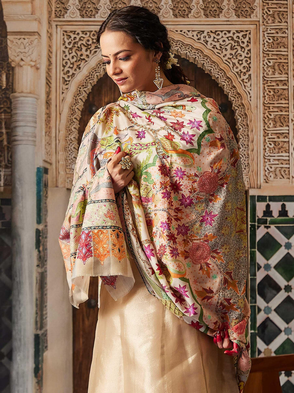 Pashmoda Women Aafreen Fine Wool Fabric Pashmina Kalamkari Embroidered Shawl, Stole and Wrap, Sustainable and Natural Fabric, Heritage Kashmiri Pashmina(Size 40x80)