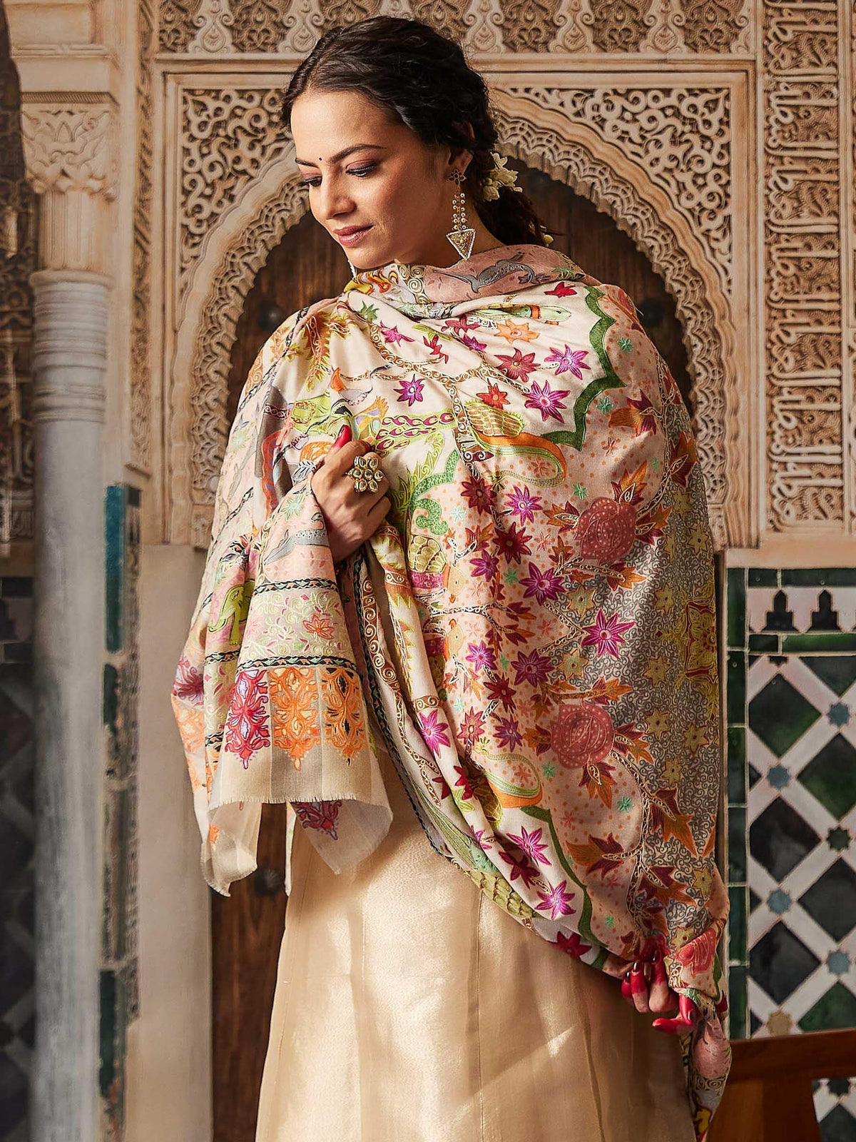 Pashmoda Women Aafreen Fine Wool Fabric Pashmina Kalamkari Embroidered Shawl, Stole and Wrap, Sustainable and Natural Fabric, Heritage Kashmiri Pashmina(Size 40x80)