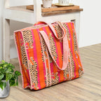 MITTICO Quilted Cotton Tote Bag for Women – Handmade Large Shoulder Handbag with Zipper & Multiple Pockets | Lightweight Travel Tote for Office, Shopping & Daily Use | Orange Tiger Print