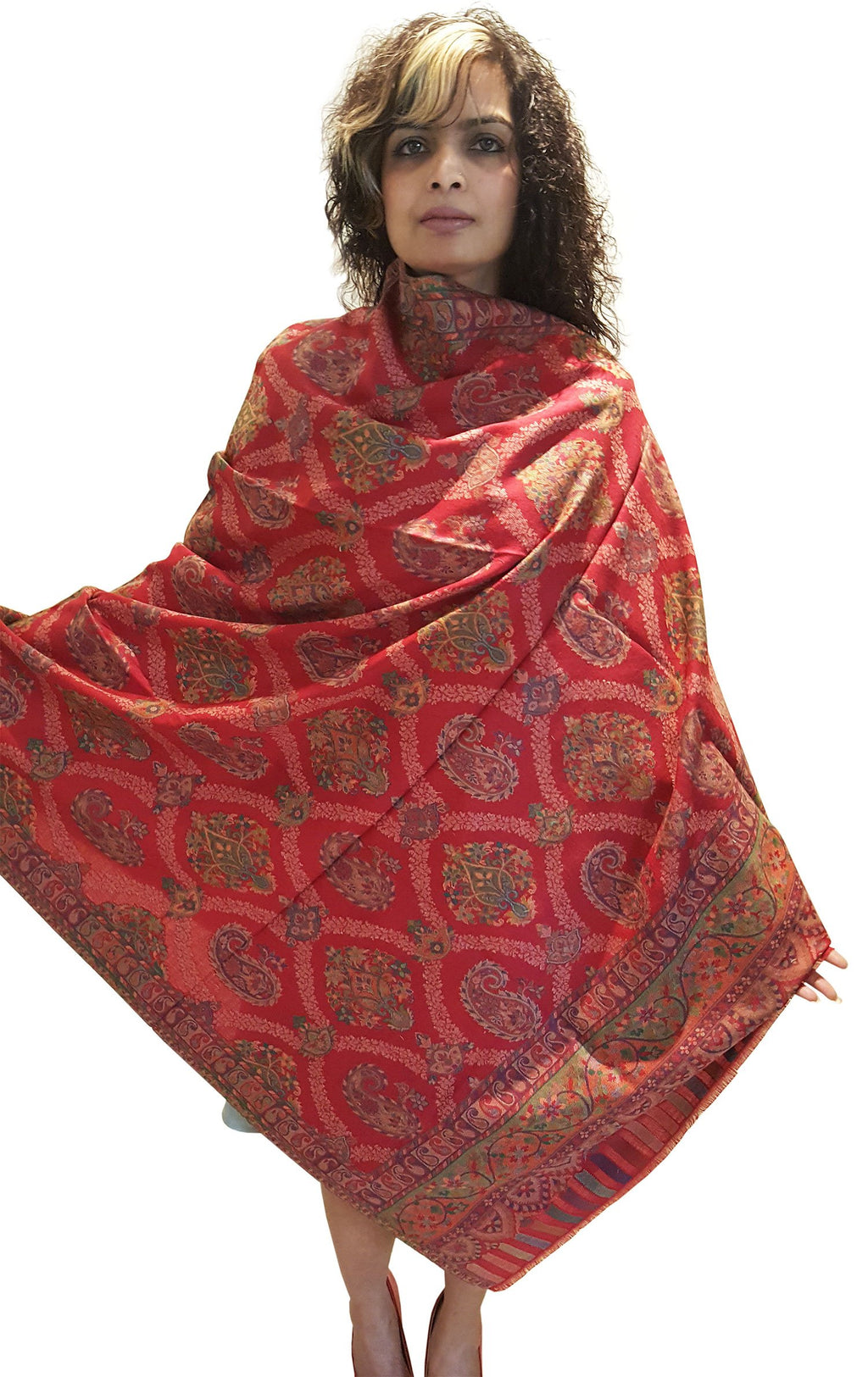 Mehrunnisa Jamawar Kani 100% Pure Wool Shawl Wrap From Kashmir (Red)