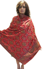 Mehrunnisa Jamawar Kani 100% Pure Wool Shawl Wrap From Kashmir (Red)