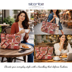 Storite Women’s Ethnic Patchwork Tote Bag with Leather Handles | Handmade Boho Shoulder Bag with Detachable Pouch Designer Bag for Women | Stylish Boho Tote with Leather Finish