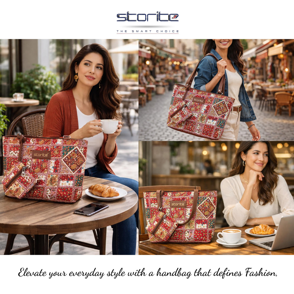 Storite Women’s Ethnic Patchwork Tote Bag with Leather Handles | Handmade Boho Shoulder Bag with Detachable Pouch Designer Bag for Women | Stylish Boho Tote with Leather Finish