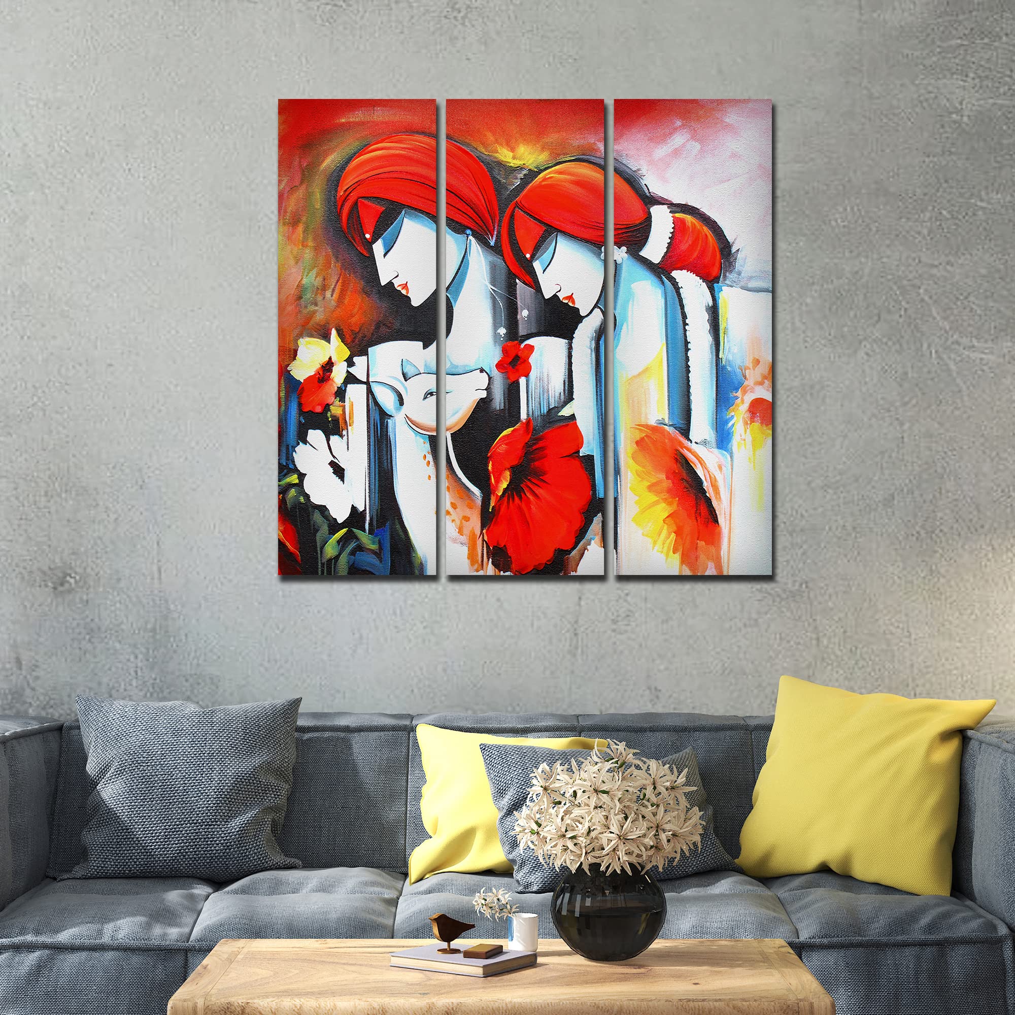 VIBECRAFTS Shri Radha Krishna 3 Pieces Canvas Wall Painting Fitted With Wooden Frame For Home | Office | Living Room | Gifts (PTVC3Pcs1_9535)
