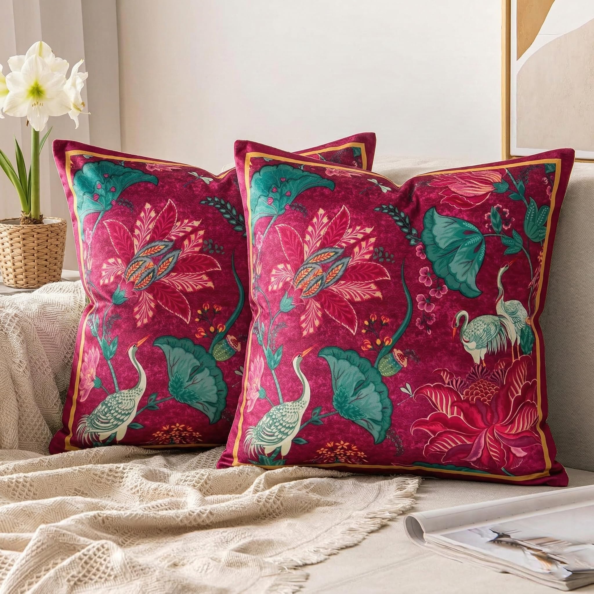 ishro home Premium Cushion Cover 16 inch x 16 inch | Luxury European Mosha Fabric | Love at First Sight Designs | Hidden Zipper | Machine Washable, Non- Fading | (4, Ruby Palace, 16 x 16 Inches)