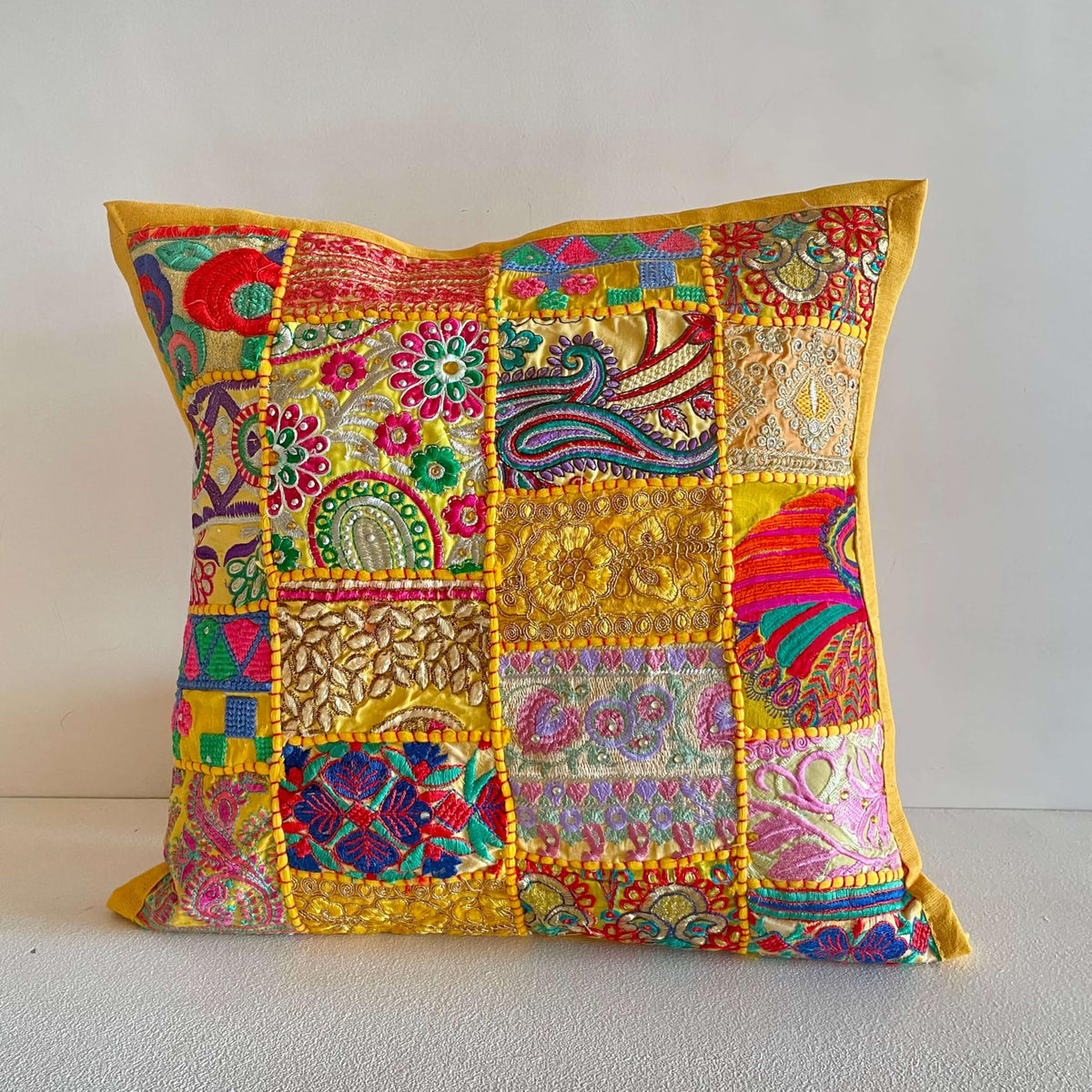 ATRANGI STUDIO Patchwork Cushion Covers - Set of 2 | Handcrafted Khambadiya Patchwork | Rajasthani Art Pillow Cover | Ethnic Cushion Covers for Sofa, Bed & Home Decor | 16x16 Inch, Yellow