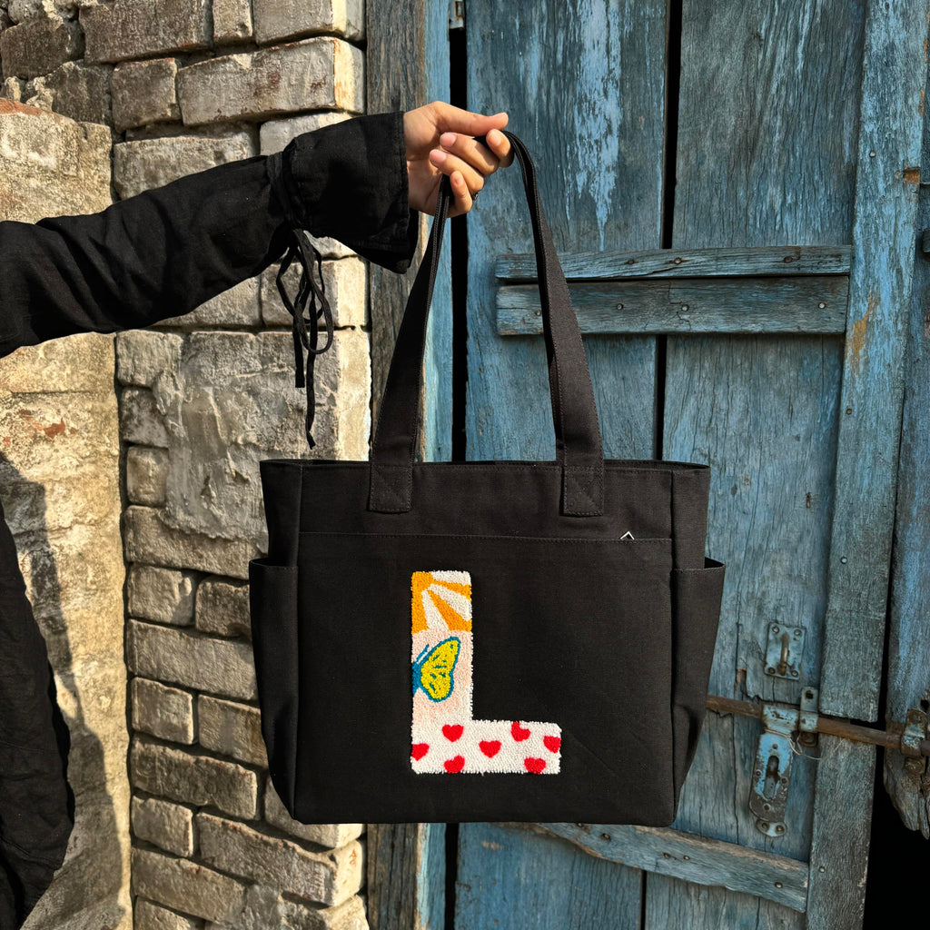 TSANTA Alphabet Tufted Canvas Tote Bag for Women, Laptop Compatible, Zipper Pockets, 35x11x31 cm, Multi, Cotton, Shoulder Strap, Personalised Letter Design