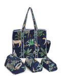 NIKAVIK 1 Tote Bags and 3 Pouch Quilted fabric Handblock Printed Tote Bag(with zip) and bottle compartment with Matching Pouches (Blue)