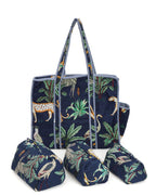 NIKAVIK 1 Tote Bags and 3 Pouch Quilted fabric Handblock Printed Tote Bag(with zip) and bottle compartment with Matching Pouches (Blue)