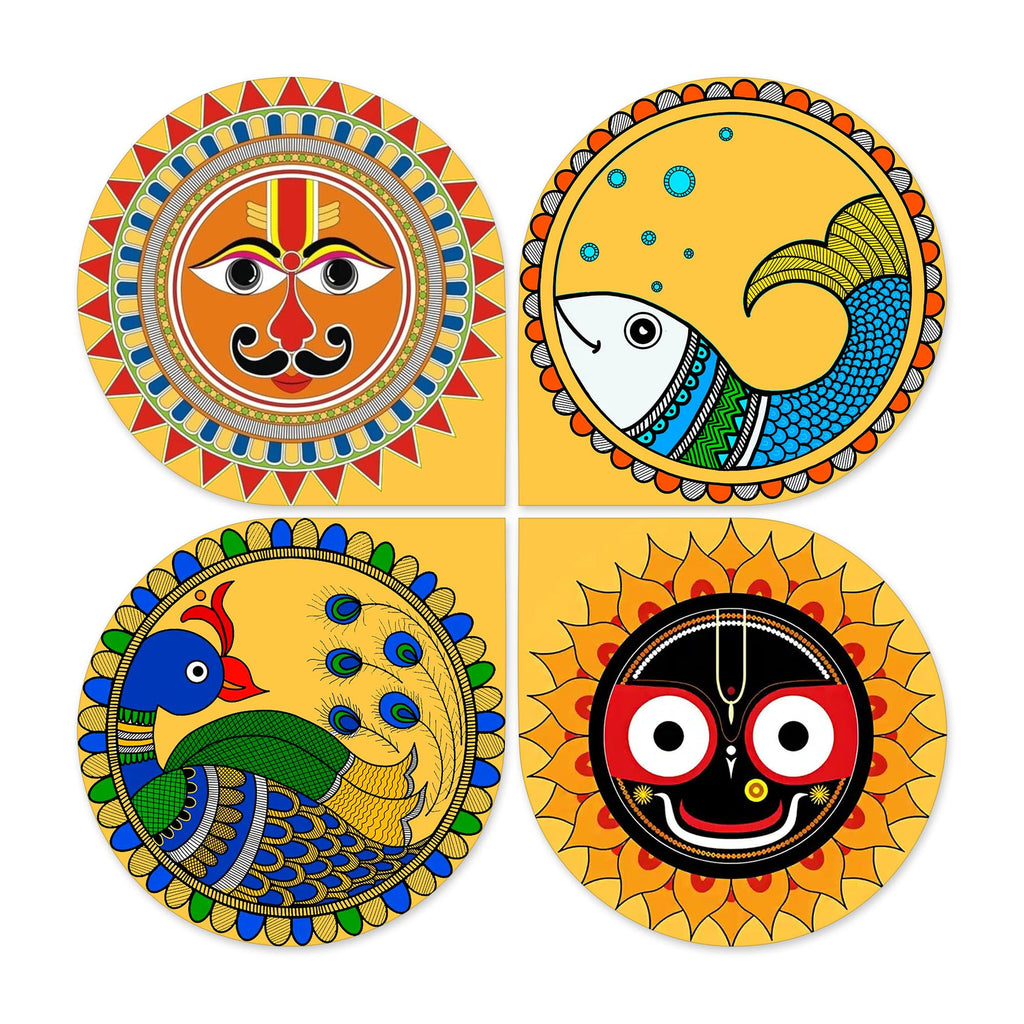 Artvibes Pattachitra Wooden Wall Hanger for Home Decor | Modern Decoration Items | Living Room | Bedroom | Office | Wall Art Print | Handcrafted Art | Unique Gift Items (WH_8441N), Set of 4