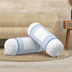 BLOCKS OF INDIA Cotton Hand Block Printed Bolster Cover | Booster Cover with Drawstring | Round Long Pillow Cover for Bed | Dewan Pillow Cover Set 16 X 32 | Set of 2 (Blue Bird)
