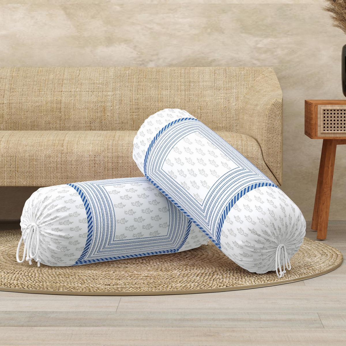 BLOCKS OF INDIA Cotton Hand Block Printed Bolster Cover | Booster Cover with Drawstring | Round Long Pillow Cover for Bed | Dewan Pillow Cover Set 16 X 32 | Set of 2 (Blue Bird)