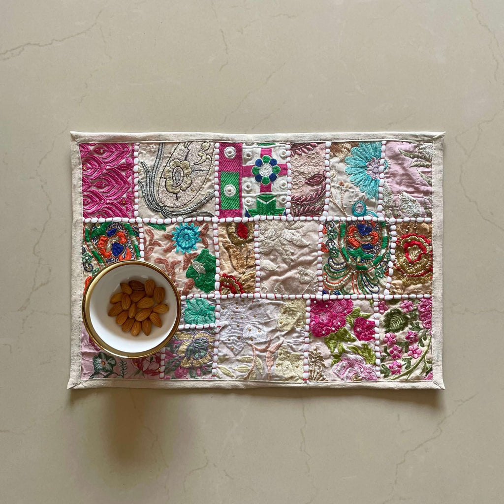 ATRANGI STUDIO Patchwork Table Mat | Traditional Rajasthani Khambadiya Placemat | Handmade Reusable Dining Table Mat for Home Decor | Colourful Dining Setup | 12x18 Inch, White